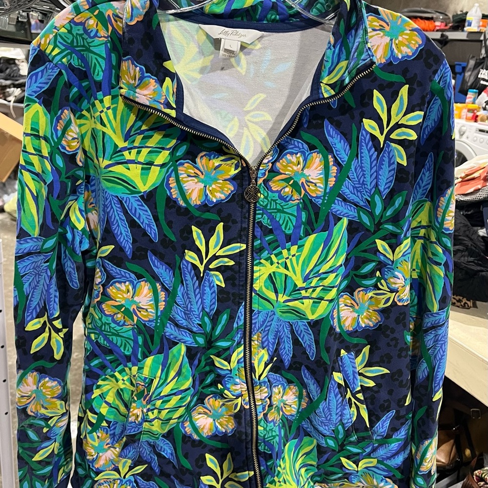 Lilly Pulitzer Blue and Green Bomber Jacket Tropical Print